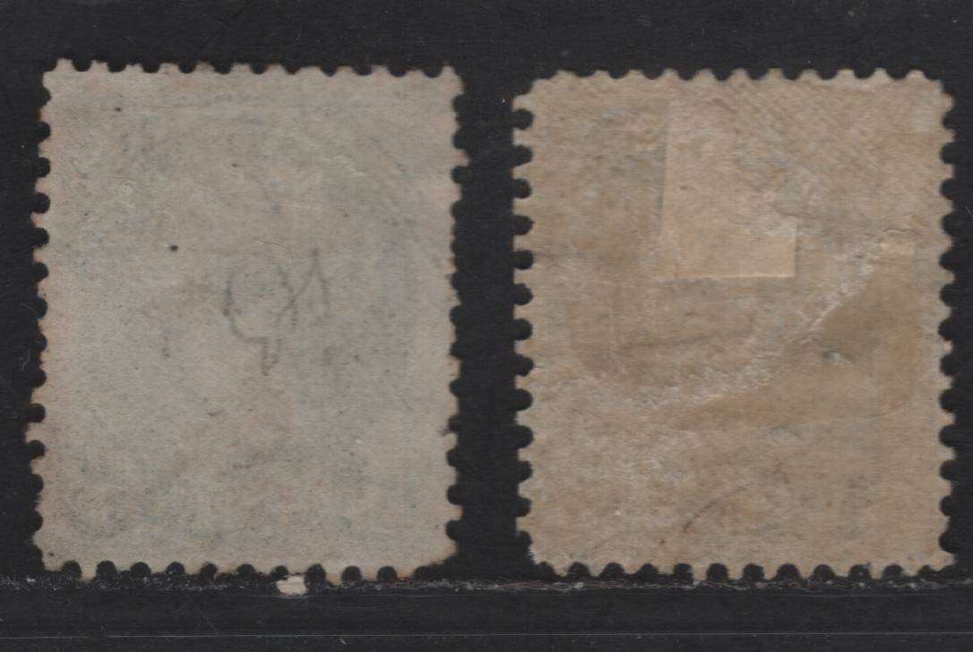 Lot 298 Canada SC#38-i 5c Slate Green Queen Victoria, 1870-1893 Small Queen Issue, 2 Very Good Used Singles, Late Montreal Printings, LM-F & LM-H Papers, Perf 12, No Plate & Medallion Dots