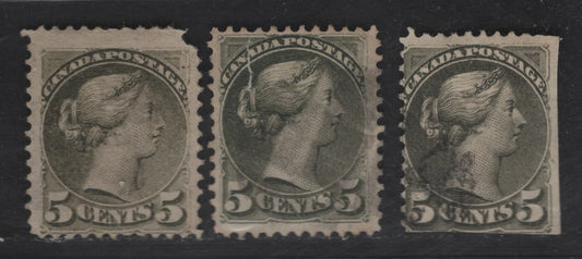 Lot 299 Canada SC#38-i 5c Slate Green, Seep Olive Green & Greenish Gray Queen Victoria, 1870-1893 Small Queen Issue, 3 Ungraded Used Singles, Late Montreal Printings, LM-G. LM-D & LM-M Papers, Perf 12, No Plate & Medallion Dots