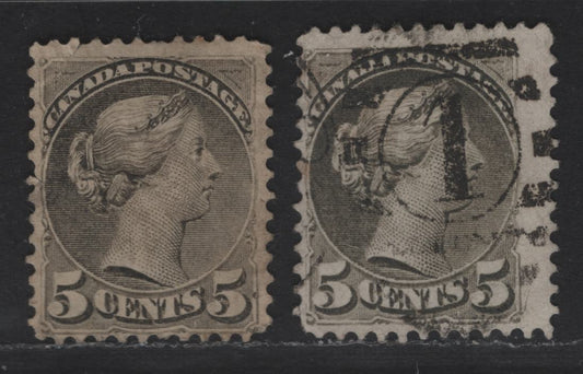 Lot 300 Canada SC#38 5c Greenish Gray Queen Victoria, 1870-1893 Small Queen Issue, 2 Very Good/Fine Used Singles, Late Montreal Printings, Very Clear Impression, No Plate Or Medallion Dots, Perfs 12.1x12 & 12, LM-J & LM-N
