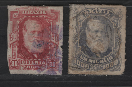 Lot 30 Brazil SC#71, 77 80r & 1000r Lake & Gray Lilac Dom Pedro, 1878-1879 Rouletted Older Dom Pedro Issue, 2 Very Good Used Singles, 1000r Has A Lateral Shear Tear