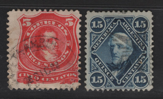 Lot 3 Argentina SC#20-21 5c - 15c Vermillion - Blue Rividavia & San Martin, 1867-1868 Pictorial Issue, 2 Fine Used Singles, Perf 12, Background of Crossed Lines