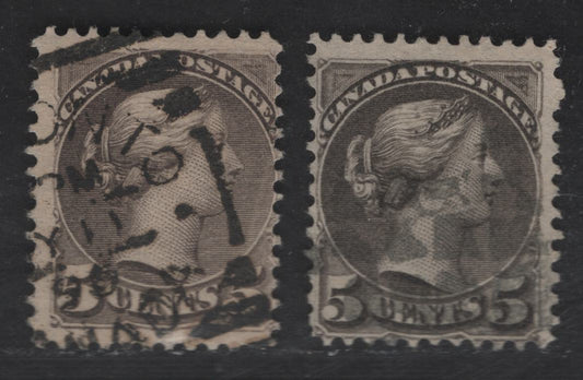 Lot 307 Canada SC#42 5c Deep Gray & Violet Gray Queen Victoria, 1870-1893 Small Queen Issue, 2 Fine Used Singles, Late Second Ottawa Printings, 2O-N & 2O-C Papers, 1896 Type B Toronto Squared Circle & Cork Cancels, Perfs 12x12.1 & 12