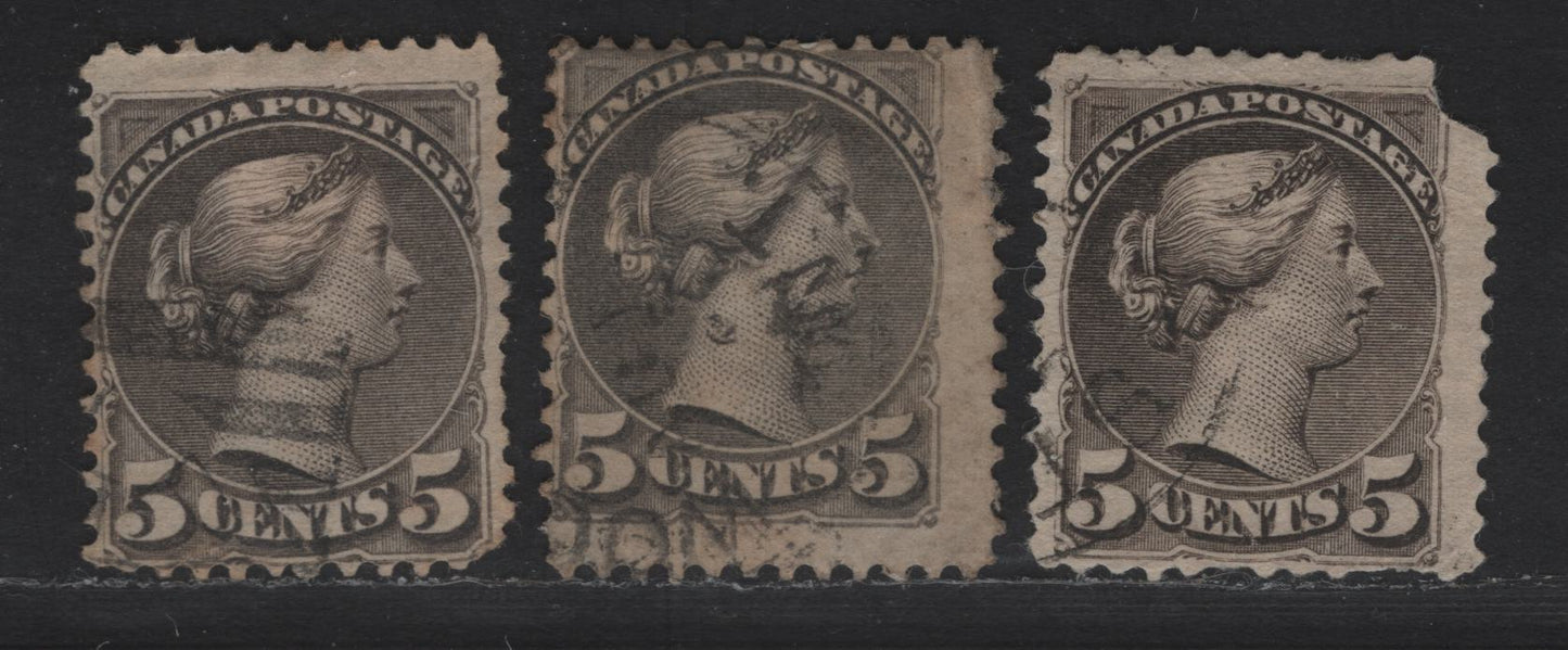 Lot 308 Canada SC#42 5c Gray Queen Victoria, 1870-1893 Small Queen Issue, 3 Ungraded Used Singles, Mid Second Ottawa Printing Paper 2O-M, Late Second Ottawa Printings 2O-N & 2O-S, Reference Lot