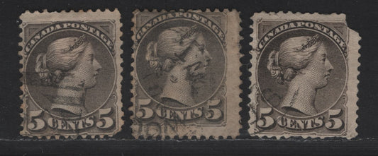 Lot 308 Canada SC#42 5c Gray Queen Victoria, 1870-1893 Small Queen Issue, 3 Ungraded Used Singles, Mid Second Ottawa Printing Paper 2O-M, Late Second Ottawa Printings 2O-N & 2O-S, Reference Lot