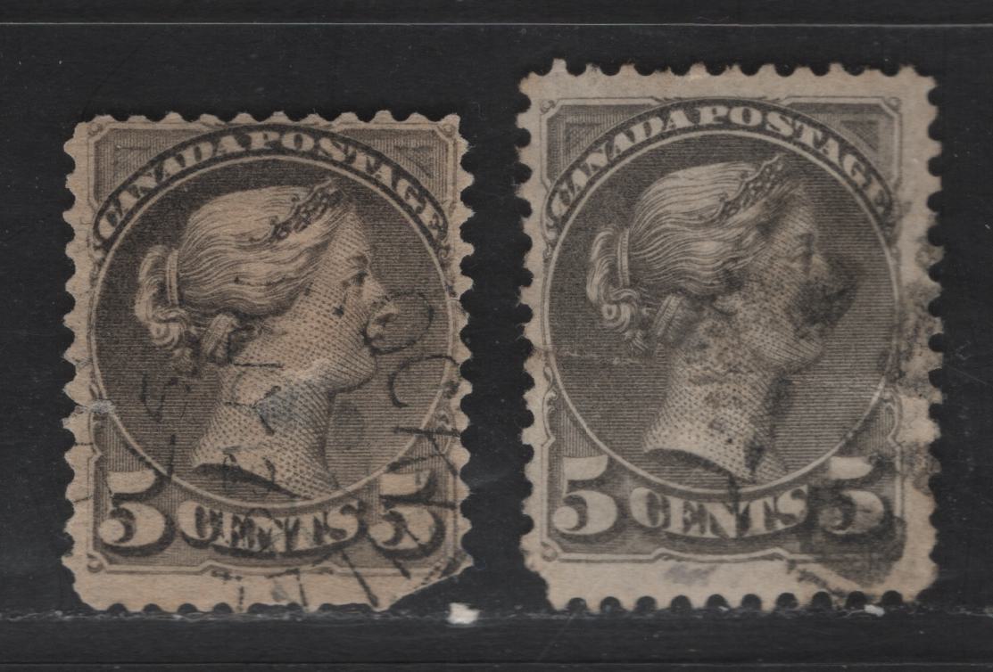 Canada SC#42 5c Gray Queen Victoria, 1870-1893 Small Queen Issue, 2 Ungraded Used Singles, Reference Lot Of Late Second Ottawa Printings, Paper 2O-U & Mid Second Ottawa Printings On 2O-P, Both Faulty