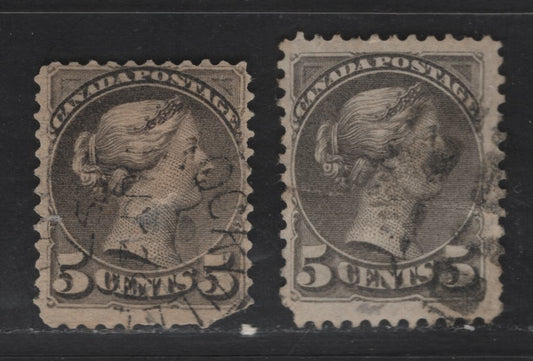 Lot 310 Canada SC#42 5c Gray Queen Victoria, 1870-1893 Small Queen Issue, 2 Ungraded Used Singles, Reference Lot Of Late Second Ottawa Printings, Paper 2O-U & Mid Second Ottawa Printings On 2O-P, Both Faulty
