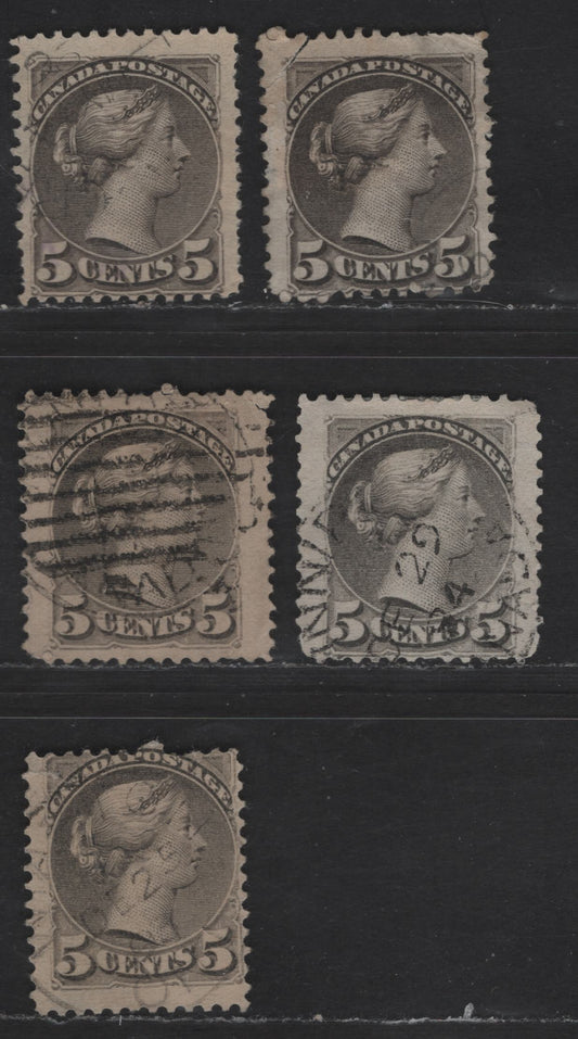 Lot 311 Canada SC#42 5c Gray Queen Victoria, 1870-1893 Small Queen Issue, 5 Ungraded Used Singles, Mid & Late Second Ottawa Printings, 2O-C (Late), 2O-E (Mid), 2O-L (Mid), 20-Q (Mid) And 20-F Papers, All With Faults