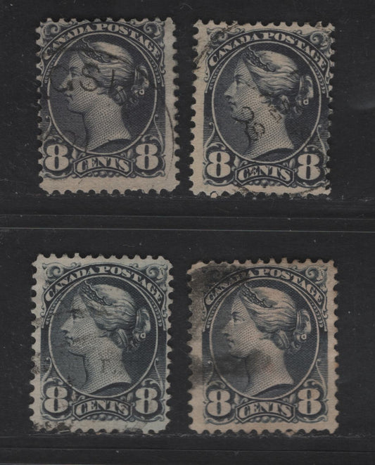 Lot 313 Canada  #44 8c Violet Black Queen Victoria, 1870-1897 Small Queen Issue, 4 Fine Used Singles Late Second Ottawa Printings On Paper Types 2O-B, 2O-I, 2O-J and 2O-P