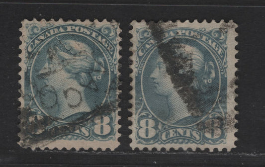 Lot 316 Canada  #44a 8c Blue Grey Queen Victoria, 1870-1897 Small Queen Issue, 2 Fine Used Singles Mid-Second Ottawa Printings On Paper 2O-T & 2O-D