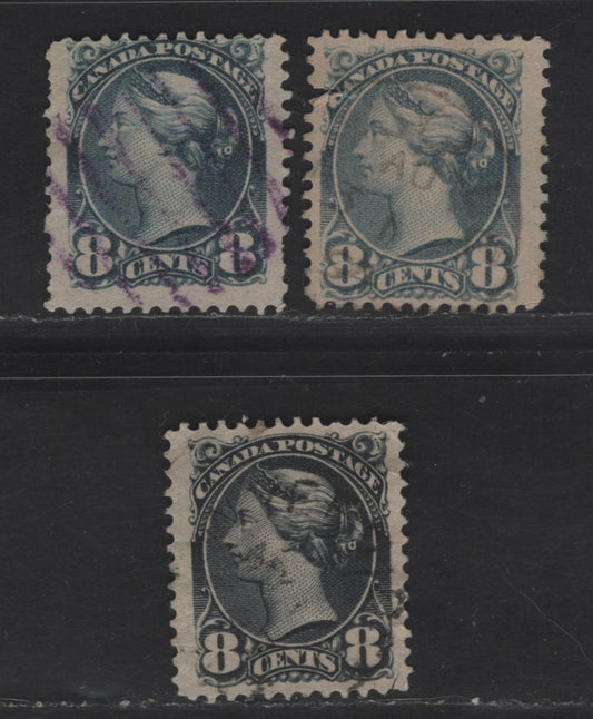 Lot 321 Canada  #44-44b 8c Violet Black, Blue Grey & Slate Blue Queen Victoria, 1870-1897 Small Queen Issue, 3 Ungraded Used Singles Shade & Paper Reference Lot, All Fauty, But On Papers 2O-B, 2O-D And 2O-R