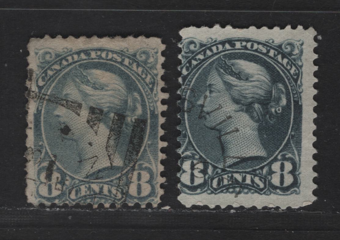 Lot 323 Canada  #44a-44b 8c Blue Grey & Bluish Slate Queen Victoria, 1870-1897 Small Queen Issue, 2 Ungraded Used Singles Reference Lot On Paper 2O-P and 2O-E, Both With Faults, Useful For Reference