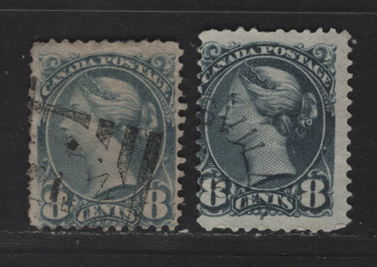 Lot 323 Canada  #44a-44b 8c Blue Grey & Bluish Slate Queen Victoria, 1870-1897 Small Queen Issue, 2 Ungraded Used Singles Reference Lot On Paper 2O-P and 2O-E, Both With Faults, Useful For Reference