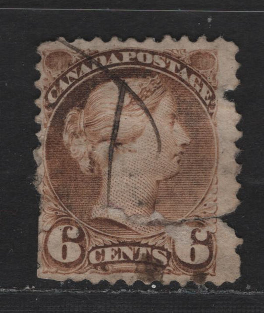 Lot 327 Canada  #39vvar 6c Brown Queen Victoria, 1870-1897 Small Queen Issue, A Ungraded Used Single Terrible Example Of The Rare Perf. 11.6 x 11.75, Very Fauty, But The First I Have Seen
