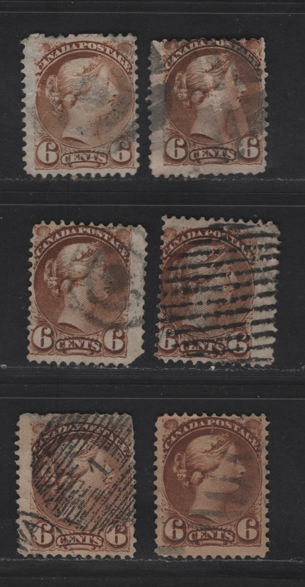 Lot 333 Canada  #39, 39d 6c Yellow Brown & Brown Queen Victoria, 1870-1897 Small Queen Issue, 6 Ungraded Used Singles Shade & Paper Reference Lot Of Early, Mid & Late Montreal Printings, All Perf. 12, Papers EM-A, MM-B, MM-D, LM-D & LM-G, All Faulty