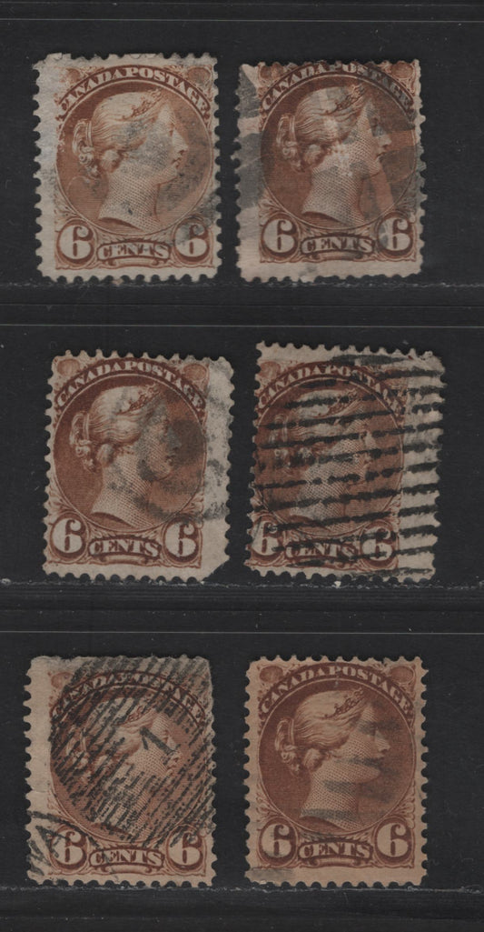 Lot 333 Canada  #39, 39d 6c Yellow Brown & Brown Queen Victoria, 1870-1897 Small Queen Issue, 6 Ungraded Used Singles Shade & Paper Reference Lot Of Early, Mid & Late Montreal Printings, All Perf. 12, Papers EM-A, MM-B, MM-D, LM-D & LM-G, All Faulty