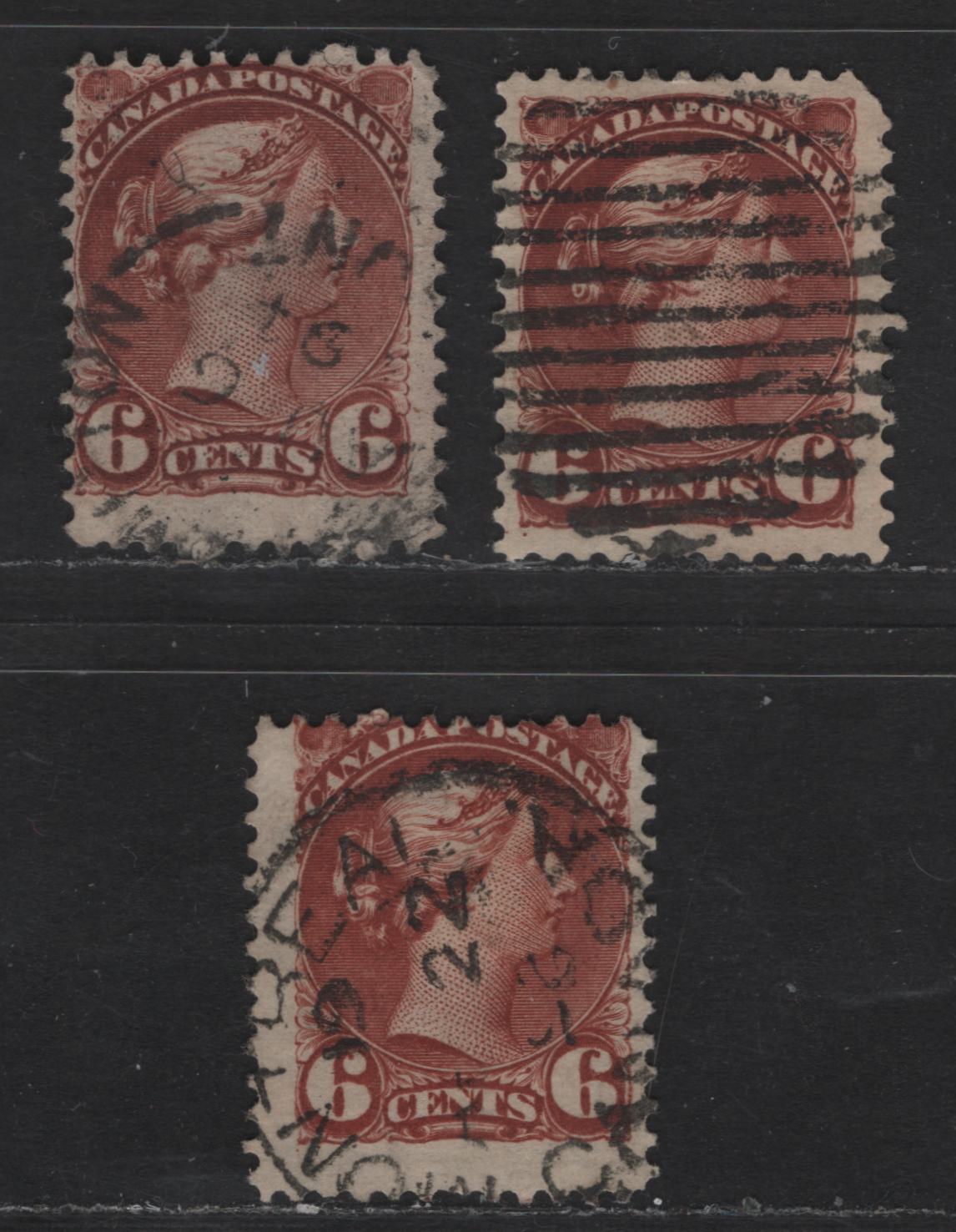 Lot 335 Canada  #43 6c Red Brown & Bright Red Brown Queen Victoria, 1870-1897 Small Queen Issue, 3 VG Used Singles Mid & Late Second Ottawa Printings On Paper Types 2O-E, 2O-N and 2O-R, See Page On Small Queen Papers For Details