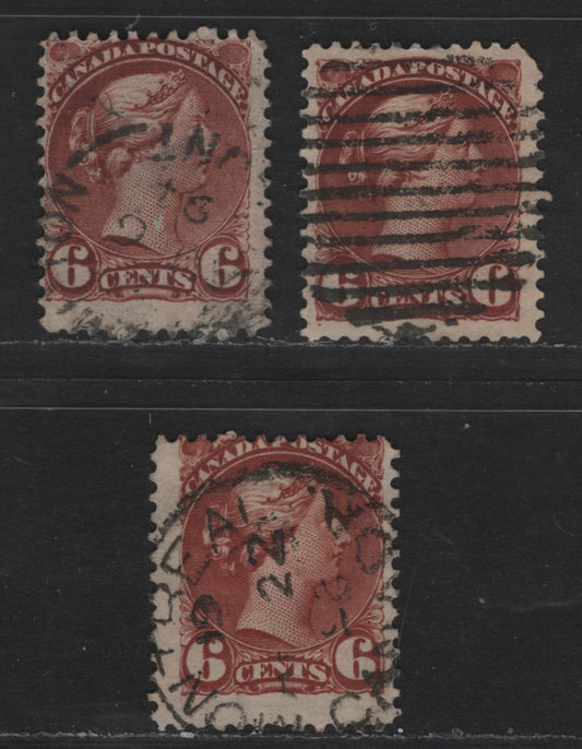 Lot 335 Canada  #43 6c Red Brown & Bright Red Brown Queen Victoria, 1870-1897 Small Queen Issue, 3 VG Used Singles Mid & Late Second Ottawa Printings On Paper Types 2O-E, 2O-N and 2O-R, See Page On Small Queen Papers For Details