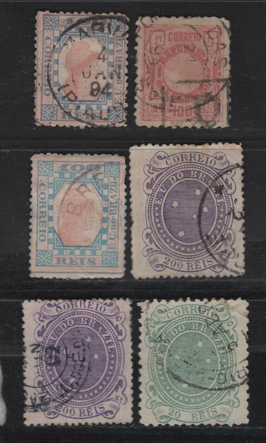 Lot 36 Brazil SC#99, 103-a, 109,c, 111 20r - 100r Gray Green - Blue & Red Liberty Heads & Southern Cross, 1890-1893 Liberty Heads & Southern Cross Issues, 6 Fine/Very Fine Used Singles, Perfs 11, 13.5 & 13