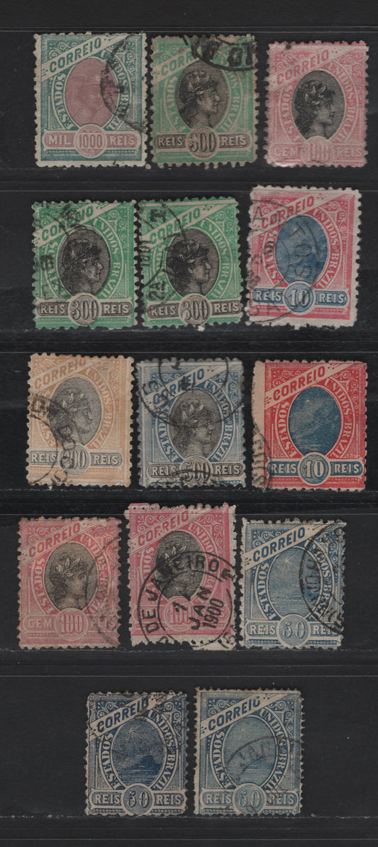 Lot 37 Brazil SC#113, 115, 116b, 118-120 10r - 1000r Pink & Blue - Green & Brownish Violet Sugarloaf Mountain, Liberty & Hermes, 1894-1897 Sugarloaf Mountain, Liberty & Hermes Issues, 14 Fine Used SIngles, Unwatermarked, Various Perfs