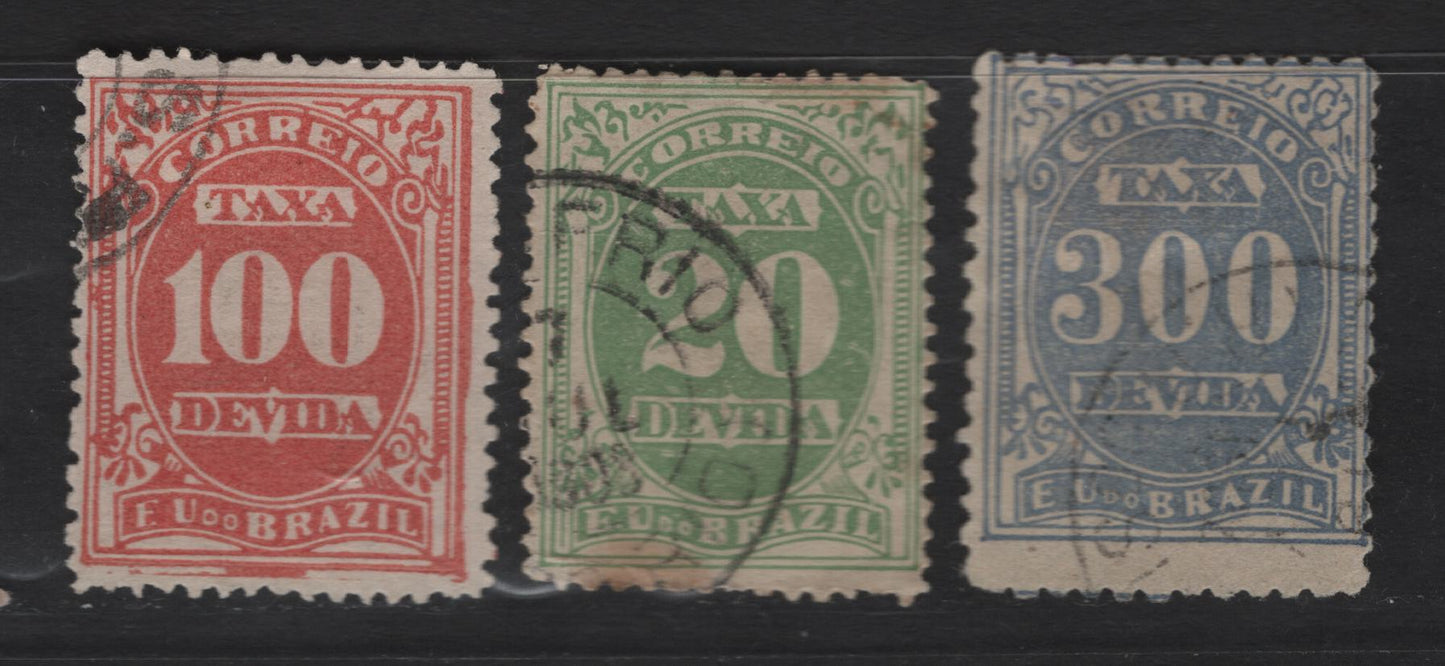 Lot 40 Brazil SC#J19c, J23, J21c 20r - 100r Yellow Green - Brick Red Numerals, 1895-1901 Postage Dues, 3 Fine Used Singles, Perfs 13 & 11x11.5