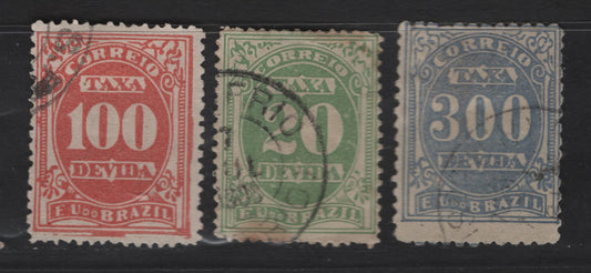 Lot 40 Brazil SC#J19c, J23, J21c 20r - 100r Yellow Green - Brick Red Numerals, 1895-1901 Postage Dues, 3 Fine Used Singles, Perfs 13 & 11x11.5