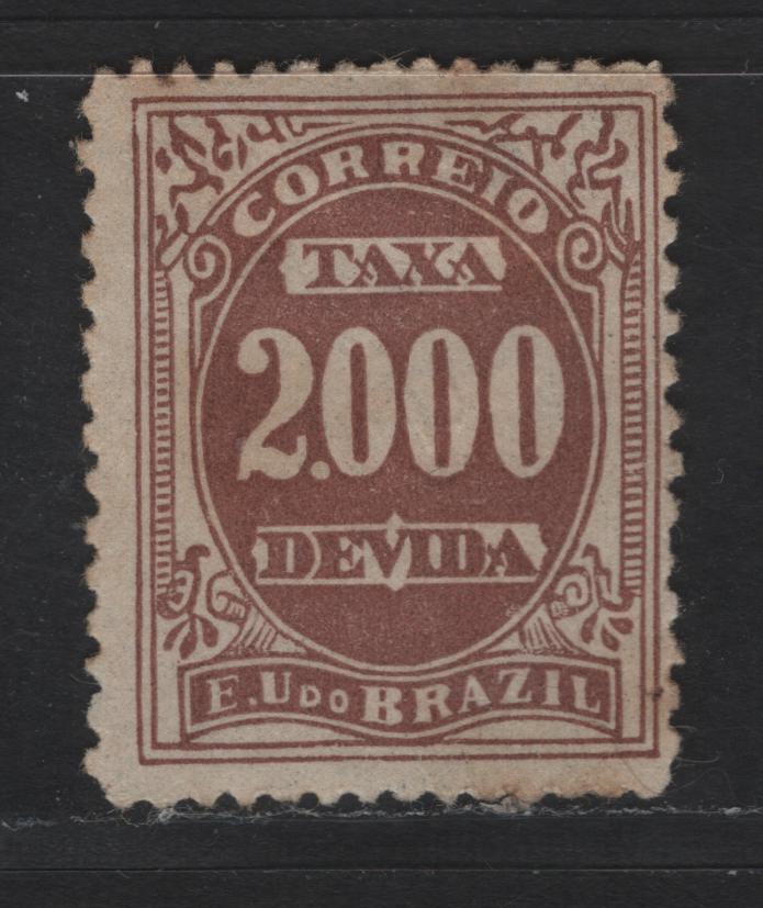 Lot 41 Brazil SC#J24d 2000r Brown Numeral, 1895-1901 Postage Dues, A GOG Single, Listed As 13x11x11x11, Not 13x11, This is 13x11, Small Lateral Tear On Back