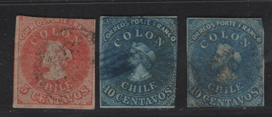 Lot 46 Chile SC#9, 12, 12a 5c - 10c Rose Red - Deep Blue Columbus Heads, 1856-1862 Santiago & London Printed Columbus Heads Issue, 3 Very Good Used Imperf Singles, Wmk B&F