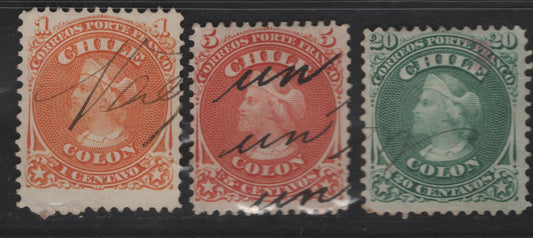Lot 47 Chile SC#15, 17, 19 1c - 20c Orange - Green Columbus, 1867 Columbus Issue, 3 Fine/Very Fine Used Singles