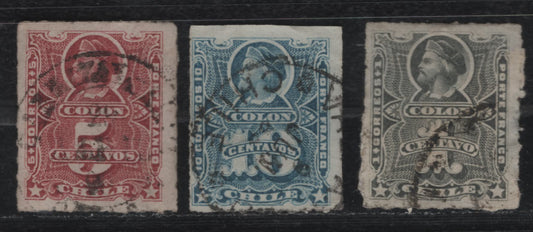 Lot 48 Chile SC#20, 22-23 1c & 10c Gray & Blue Columbus, 1877 Rouletted Columbus With Centavos Over Numeral Issue, 3 Fine/Very Fine Used Singles