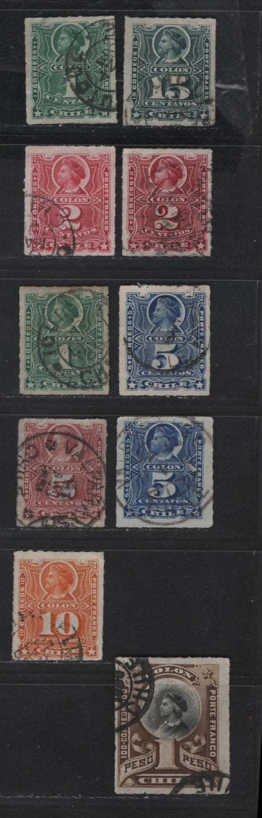 Lot 49 Chile SC#25-30, 36-38 1c - 15c Green - Dark Green Columbus, 1878-1899 Rouletted Columbus With Centavos Below Numeral & Re-Engraved Issues, 10 Fine/Very Fine Used Singles, Extra 5c Shade