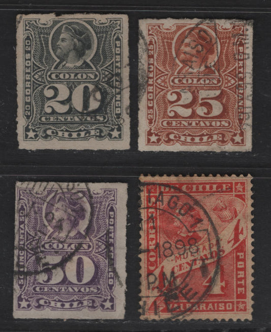Lot 50 Chile SC#31, 32, J33, 35 20c, 25c & 50c Gray, Orange Brown & Violet Columbus - Numeral & Banner, 1878-1899 Rouletted Columbus With Centavos Below Numeral & Postage Due Issues, 4 Fine/Very Fine Used Singles