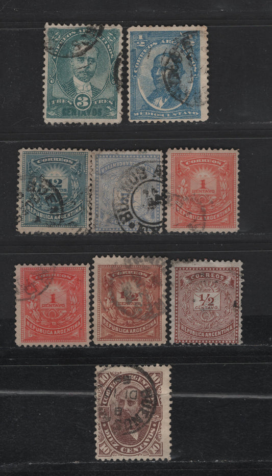 Lot 5 Argentina SC#43, 52-53, 54a, 63,57, 59, 45A 1/2c - 10c Brown Sun Over Letter - Portraits, 1882-1890 Typographed & Engraved Issues, 9 Fine/Very Fine Used SIngles