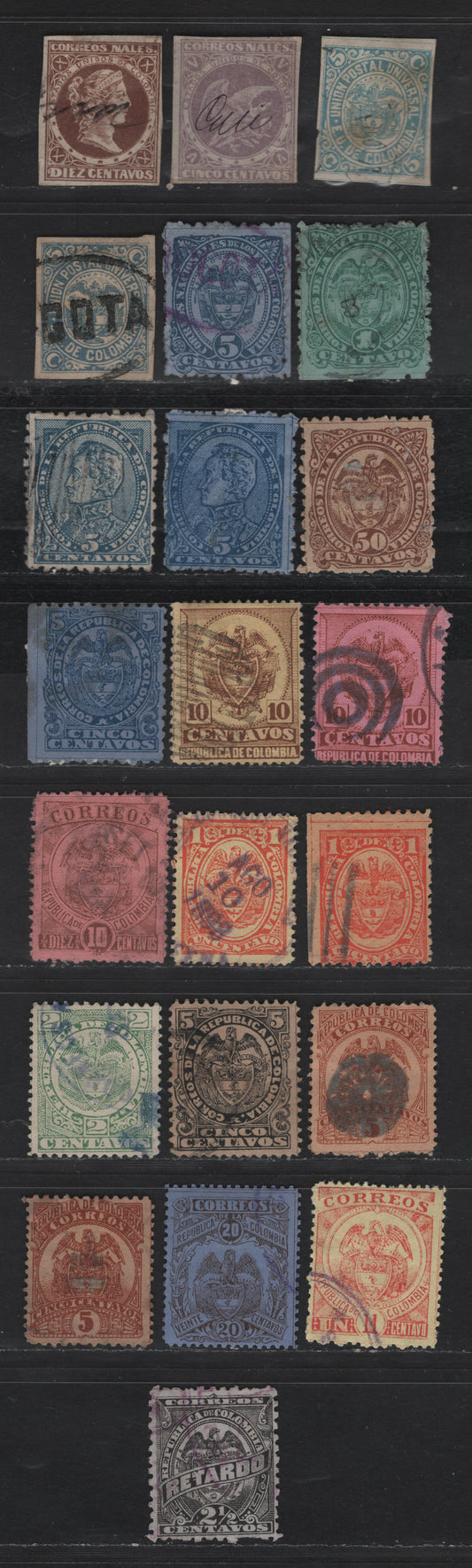 Lot 52 Chile SC#73a-74, 106, 114a, 118, 129-130a, 144a, 146, 148, 150-154, 162, 164, I1 5c - 2.5c Lilac - Black Liberty Heads - Arms, 1877 Liberty Heads & Arms Issues, 22 Fine/Very Fine Used Singles