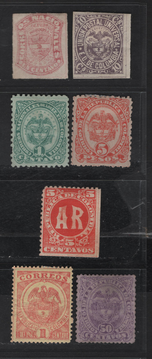 Lot 53 Colombia SC#67, 107, 129, 155, 158, 162, H2 1c - 5c Rose - Vermillion Arms - A.R, 1871-1894 Arms & AR Issues, 7 F/VFOG & Unused Singles, 1c & 50c AR are Unused
