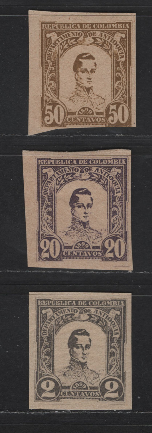 Lot 55 Colombia - Antioqua SC#119, 124, 125var 2, 20c & 50c Gray, Violet & Olive Bistre General Jose Maria Cordoba, 1899 Cordoba Issue, 3 F/VFOG Imperf Singles, 2c Was Not Issued In Gray, Imperfs Not Listed