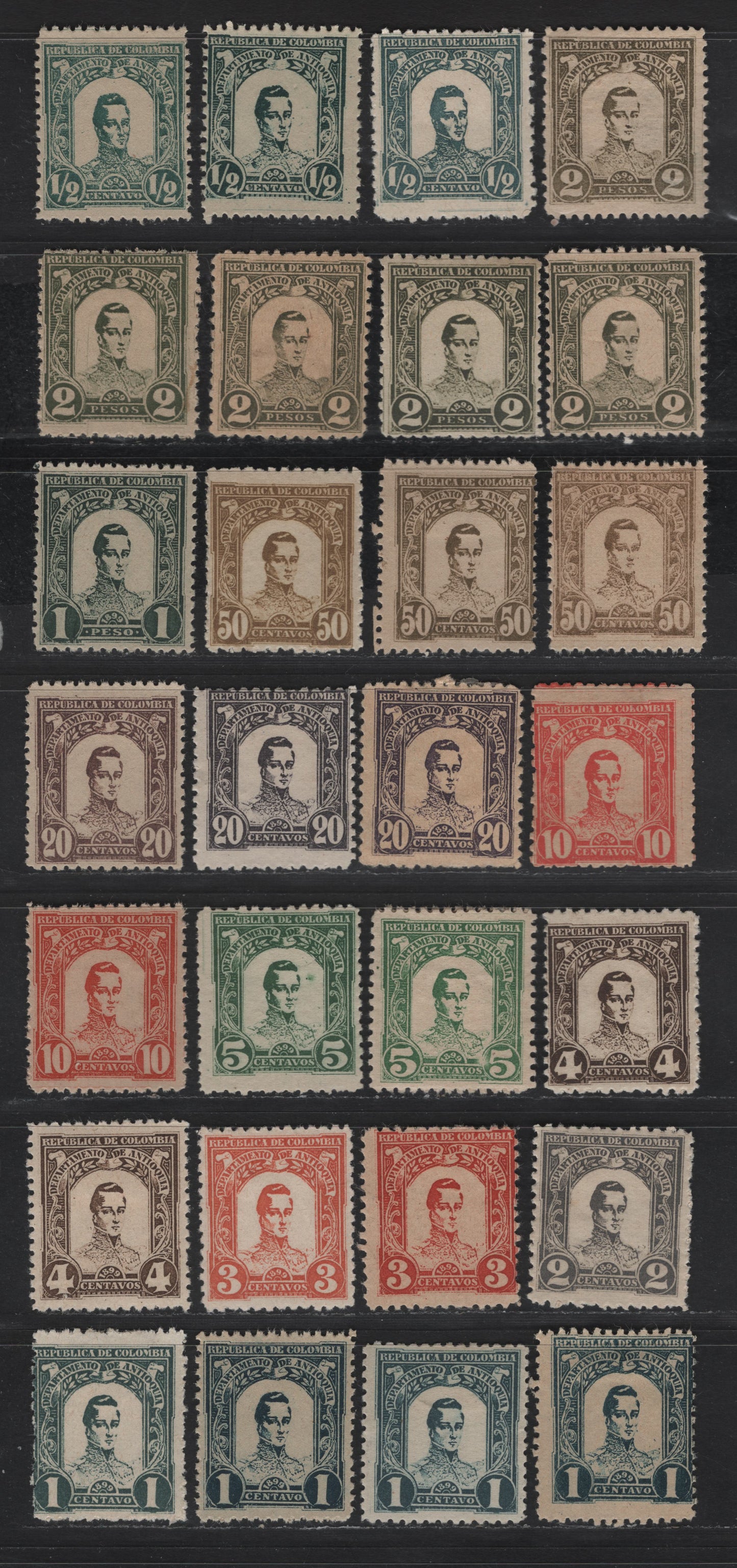 Lot 56 Colombia - Antioqua SC#117-127 1/2c - 2p Greenish Blue - Olive Gray General Jose Maria Cordoba, 1899 Cordoba Issue, 29 Fine/Very Fine Unused Singles