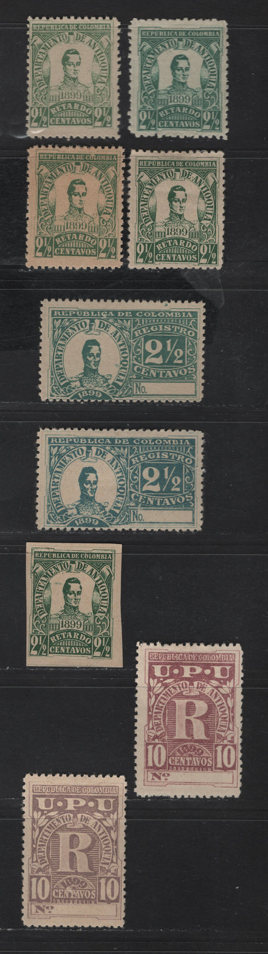 Lot 57 Colombia - Antioqua SC#F3-F4, I1, I1a 2.5c Dull Blue - Dark Green Cordoba, 1899 Registration & Late Fee Issues, 9 F/VFOG Singles, Includes Imperf Single