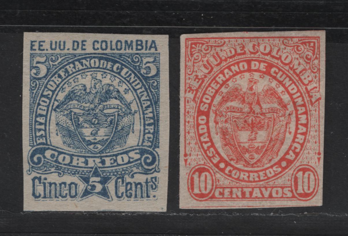 Lot 59 Colombia - Cundinamarca SC#11, 18 5c - 10c Blue - Red Coat of Arms, 1884-1886 Arms Issues, 2 VFOG Singles