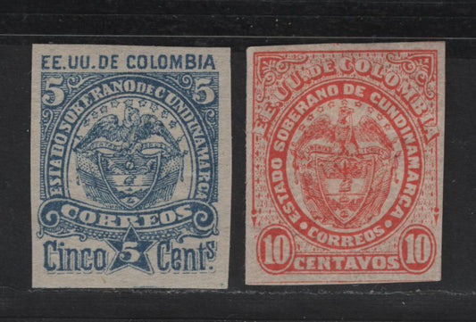 Lot 59 Colombia - Cundinamarca SC#11, 18 5c - 10c Blue - Red Coat of Arms, 1884-1886 Arms Issues, 2 VFOG Singles