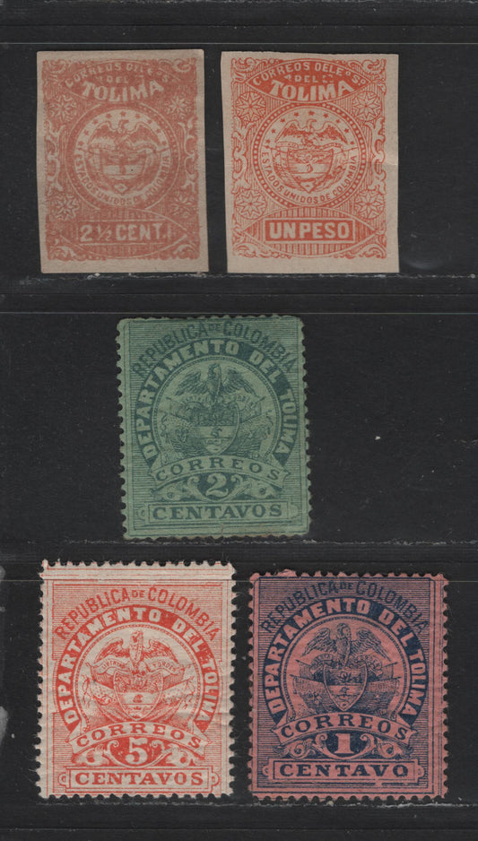 Lot 60 Colombia - Tolima SC#25, 31, 62, 66-67 1.5c - 2c Dull Orange - Green on Light Green Coat of Arms, 1884-1895 Arms Issues, 5 F/VFOG & Unused Singles