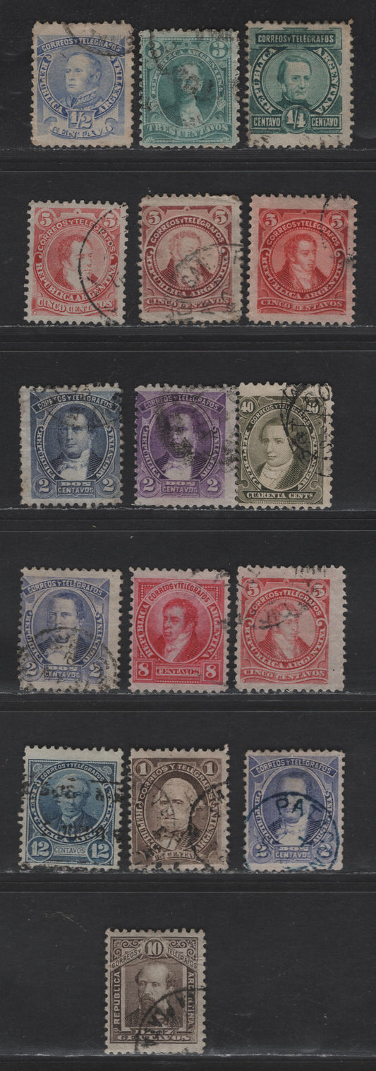 Lot 6 Argentina SC#68, 70-71, 75-76a,b,e, 77-78, 80, 85, 89 1/2c - 40c Pale Blue - Black Portraits, 1888-1891 Small Portrait Definitives, 16 Very Good/Fine/Very Fine Used Singles, Includes Perf 11.5x12 Varieties, Some Shade Differences