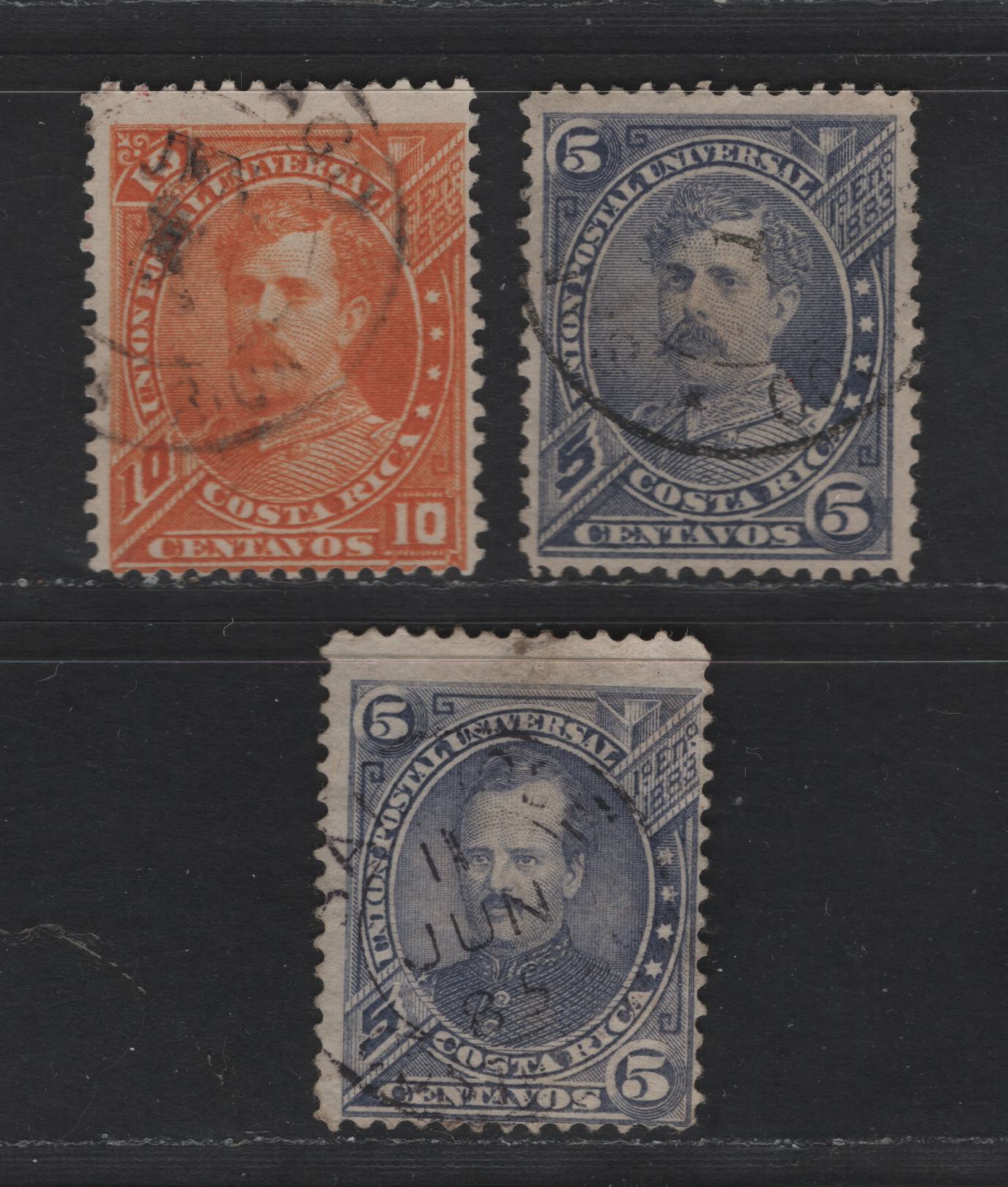 Lot 63 Costa Rica SC#18, 21-22 5c - 10c Blue Violet - Orange General Prospero Fernandez - President Bernardo Soto Alfaro, 1883-1887 General Prospero Fernandez - President Bernardo Soto Alfaro Issues, 3 Fine Used Singles