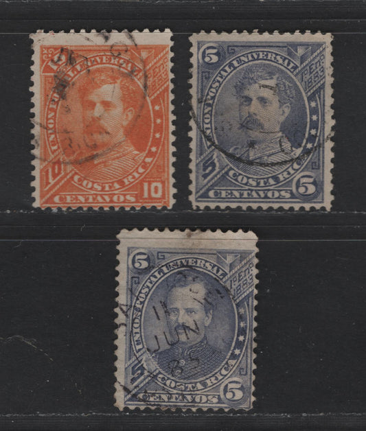Lot 63 Costa Rica SC#18, 21-22 5c - 10c Blue Violet - Orange General Prospero Fernandez - President Bernardo Soto Alfaro, 1883-1887 General Prospero Fernandez - President Bernardo Soto Alfaro Issues, 3 Fine Used Singles