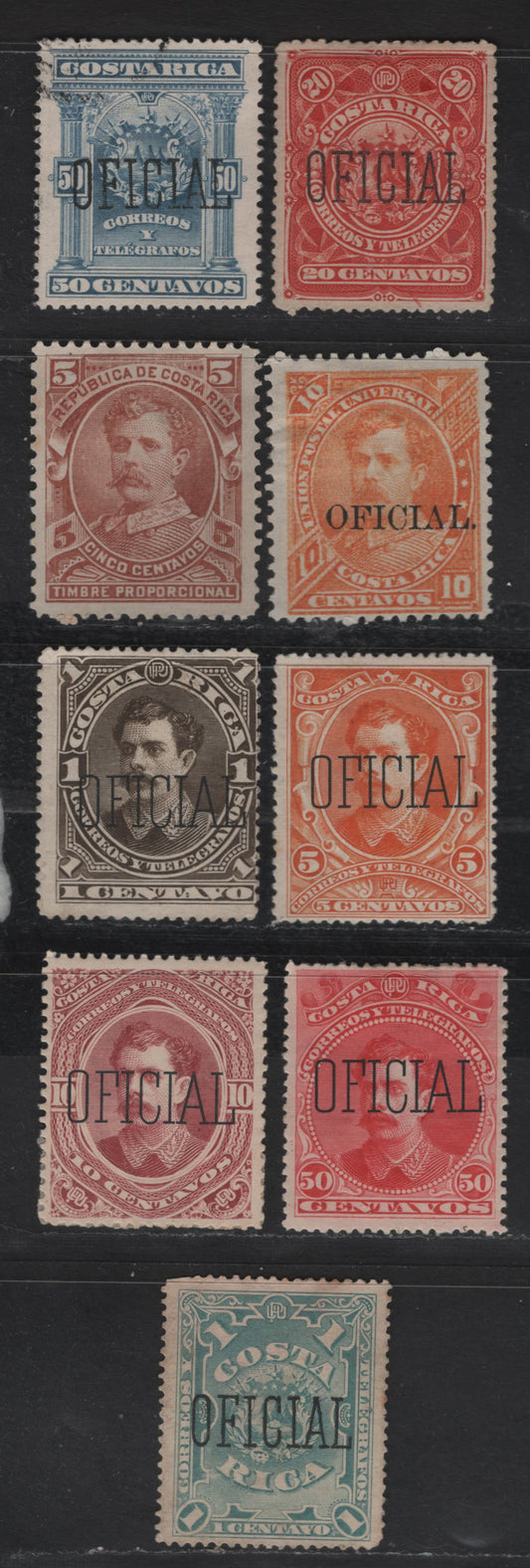 Lot 68 Costa Rica SC#AR3, O21, O25, O27-O28, O30-O31, O35-O36 5c - 50c Red Brown - Gray Blue Arms, 1888-1892 Postal Fiscals & Official Overprinted Issues, 9 F/VFOG & Unused Singles, 5c & 50c (O27 & O30) Have Gum, Rest Unused