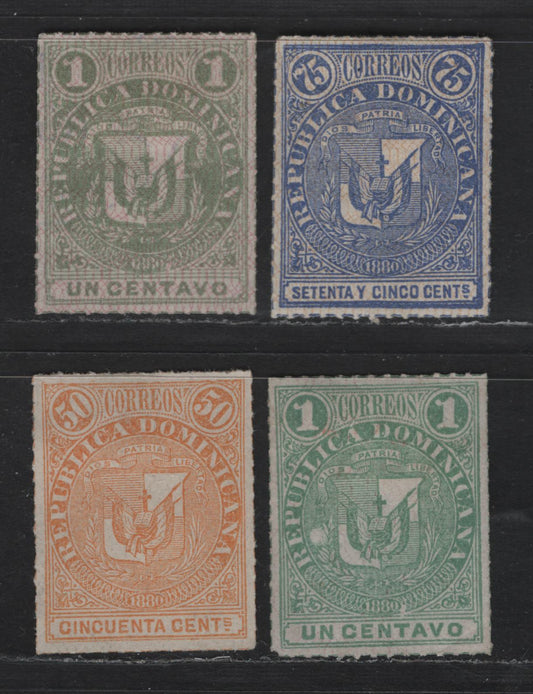 Lot 70 Dominican Republic SC#36, 42-43, 45 1c, 50c & 75c Green, Yellow & Ultramarine Arms, 1880-1881 Rouletted Arms Issues, 4 F/VFOG & Unused Singles, With & Without Network, Small Hinge Thin On 75c, 50c & 1c (#45) No Gum