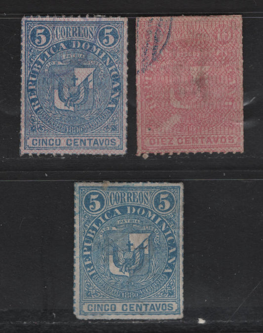 Lot 71 Dominican Republic SC#38, 47-48 5c - 10c Blue - Rose Arms, 1880-1881 Rouletted Arms Issues, 3 Very Fine Used Singles, With & Without Network