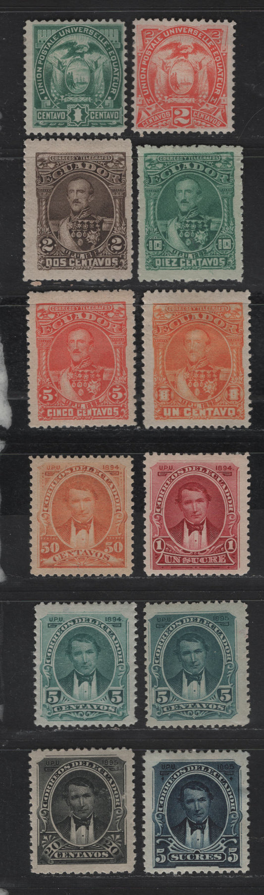 Lot 76 Ecuador SC#19-20, 23-26, 41, 44-45, 49, 51, 54 1c - 5s Blue Green - Dark Blue Arms - Rocafuerte, 1887-1895 Arms - Rocafuerte Issues, 12 VG/F/VFOG Singles, All Originals Based On The Paper Thickness, Medium Thick Horizontal Wove