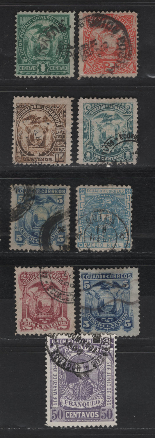 Lot 77 Ecuador SC#9, 13-14, 19-20, 55, 57-58, 68 1/r - 50c Blue - Violet Arms - Success Of The Liberal Party, 1872-1896 Arms - Success Of The Liberal Party Issues, 9 Fine/Very Fine Used Singles