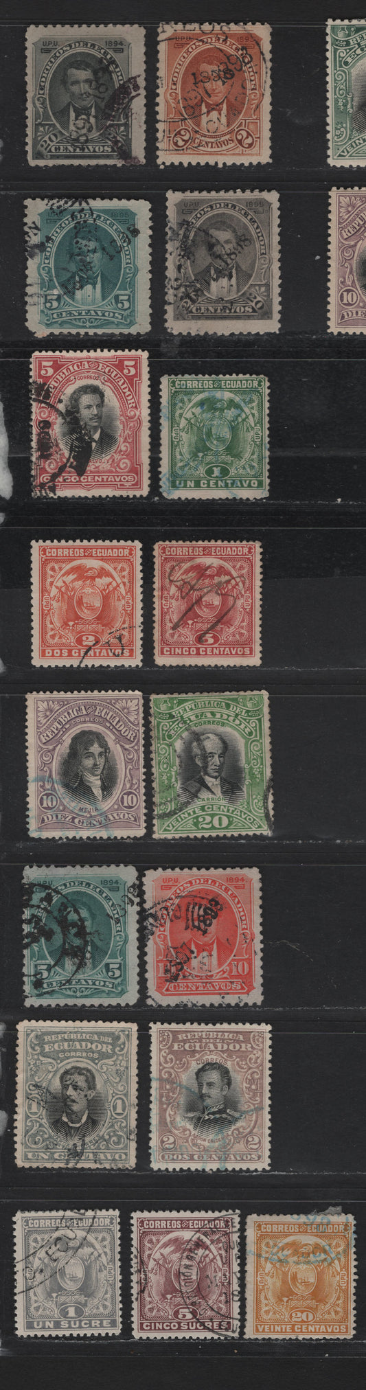 Lot 79 Ecuador SC#95-97, 102-103, 105, 127-129, 131, 133-134, 137-141 2c - 20c Yellow Brown - Green & Black Portraits, 1897-1899 Overprinted & Portraits Issues, 17 Fine/Very Fine Used Singles