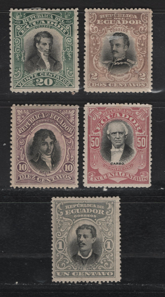 Lot 80 Ecuador SC#137-138, 140-142 1c - 50c Gray Blue & Black - Lilac Rose & Black Portraits, 1899 Waterlow Portraits Issue, 5 F/VFOG Singles